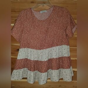 Paper Crane Brown and Orange Tiered Short Sleeve Blouse